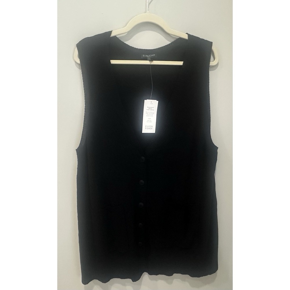 Eileen Fisher Black 100% Wool Sleeveless Button Up Cardigan Sweater Size 1X NWT